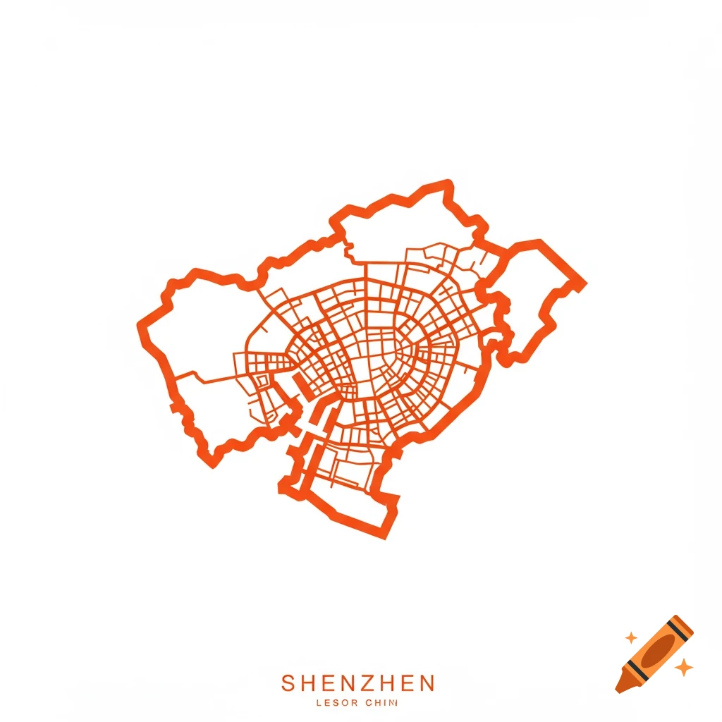 A minimalist orange outline map of Shenzhen, China on a white background.