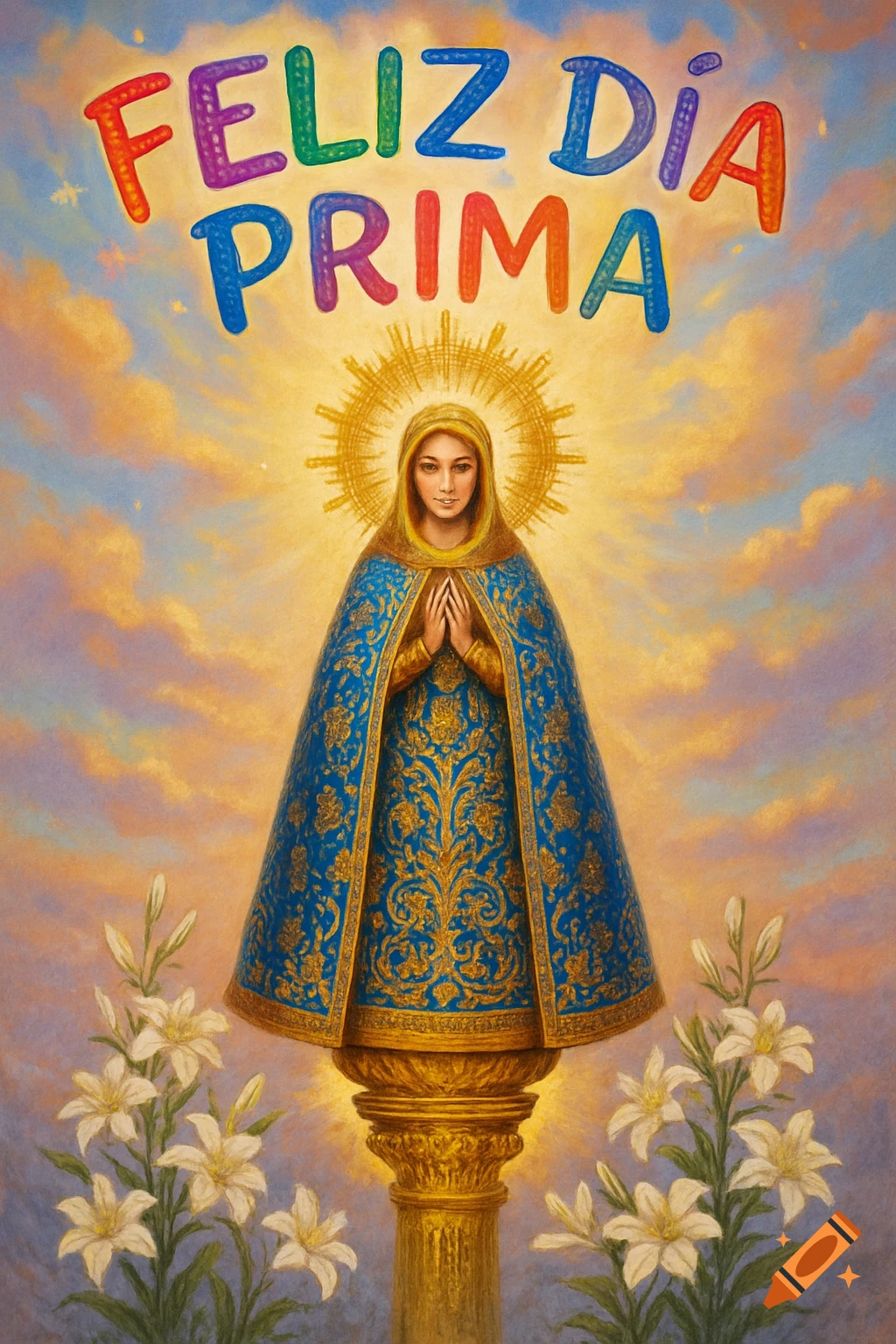 A painting of the Virgin Mary in a blue and gold cloak, standing on a pedestal, surrounded by clouds and lilies, with "FELIZ DIA PRIMA" text above.