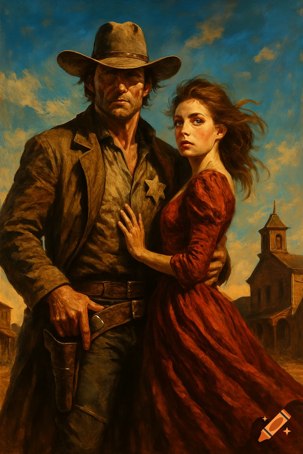 A dramatic painting of a rugged cowboy sheriff and a woman in a red dress in an old Western town.
