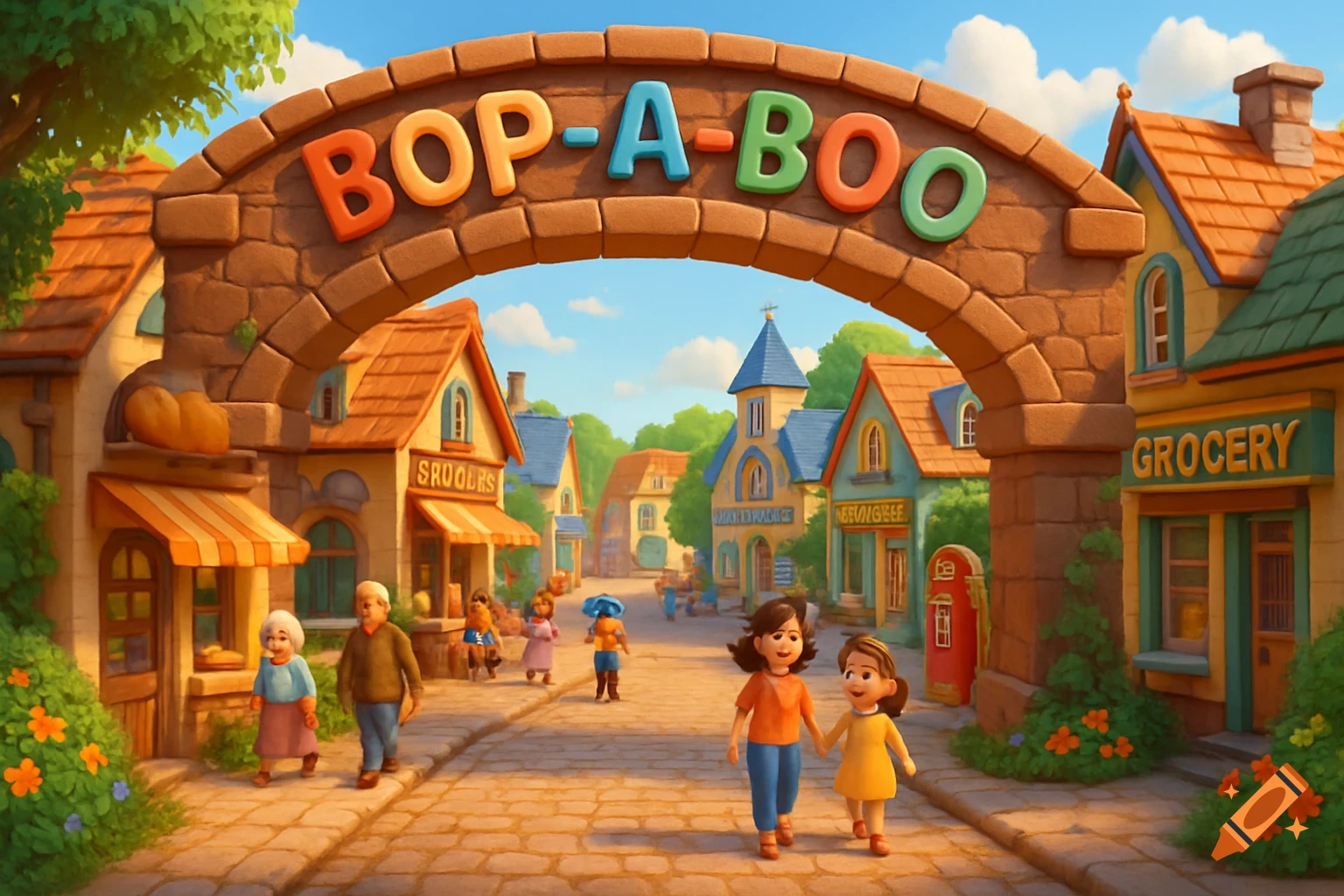 A colorful, Pixar-style illustration of a vibrant town entrance with an archway reading "BOP-A-BOO", cobblestone streets, and various shops.