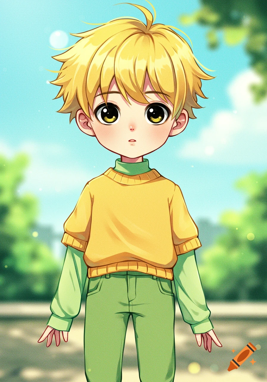 An anime boy with yellow hair and big golden eyes wears a yellow short-sleeve sweater over green long sleeves and green pants.