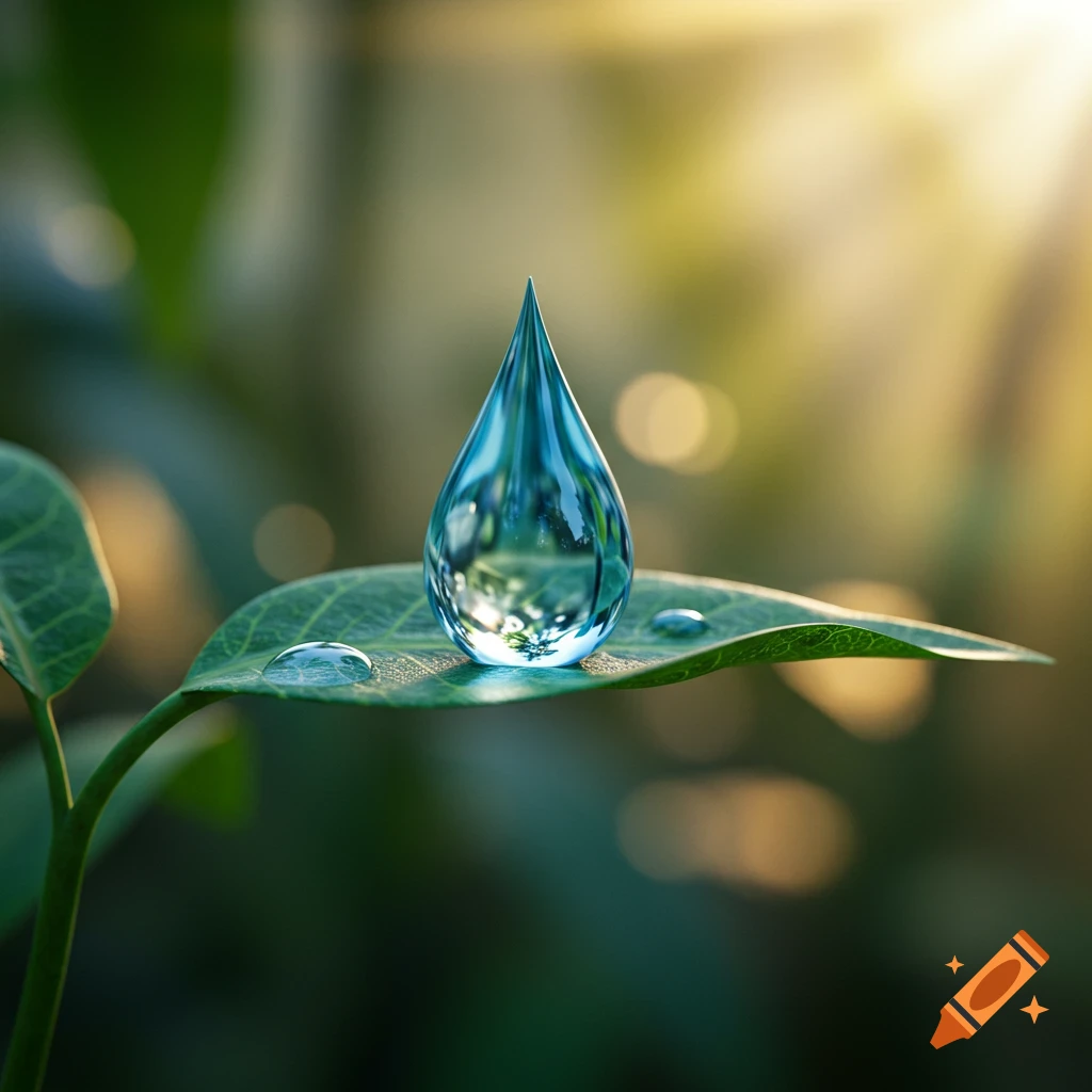 A large, clear water droplet rests on a vibrant green leaf with a blurred natural background.