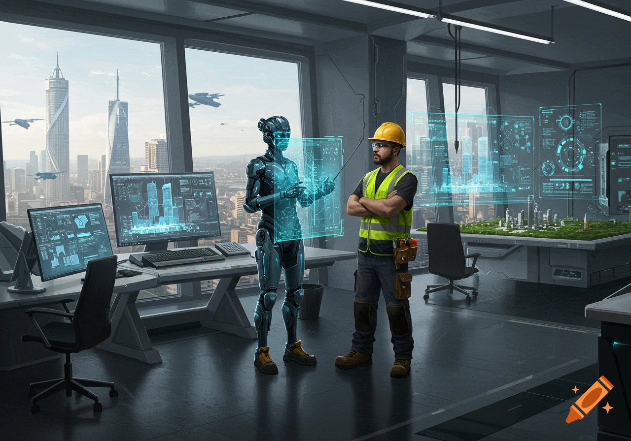 A builder in a hard hat and a robot discuss holographic projections in a futuristic office overlooking a cityscape with flying vehicles.