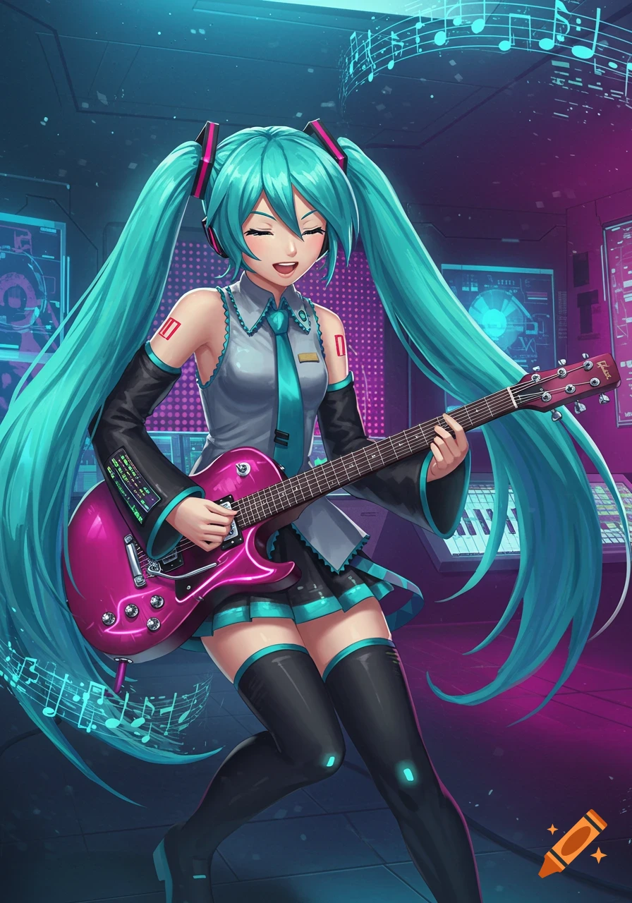 A vibrant anime-style illustration of Hatsune Miku with long teal pigtails, happily playing a pink electric guitar. She's in a dark room with neon lights and musical notes floating around.