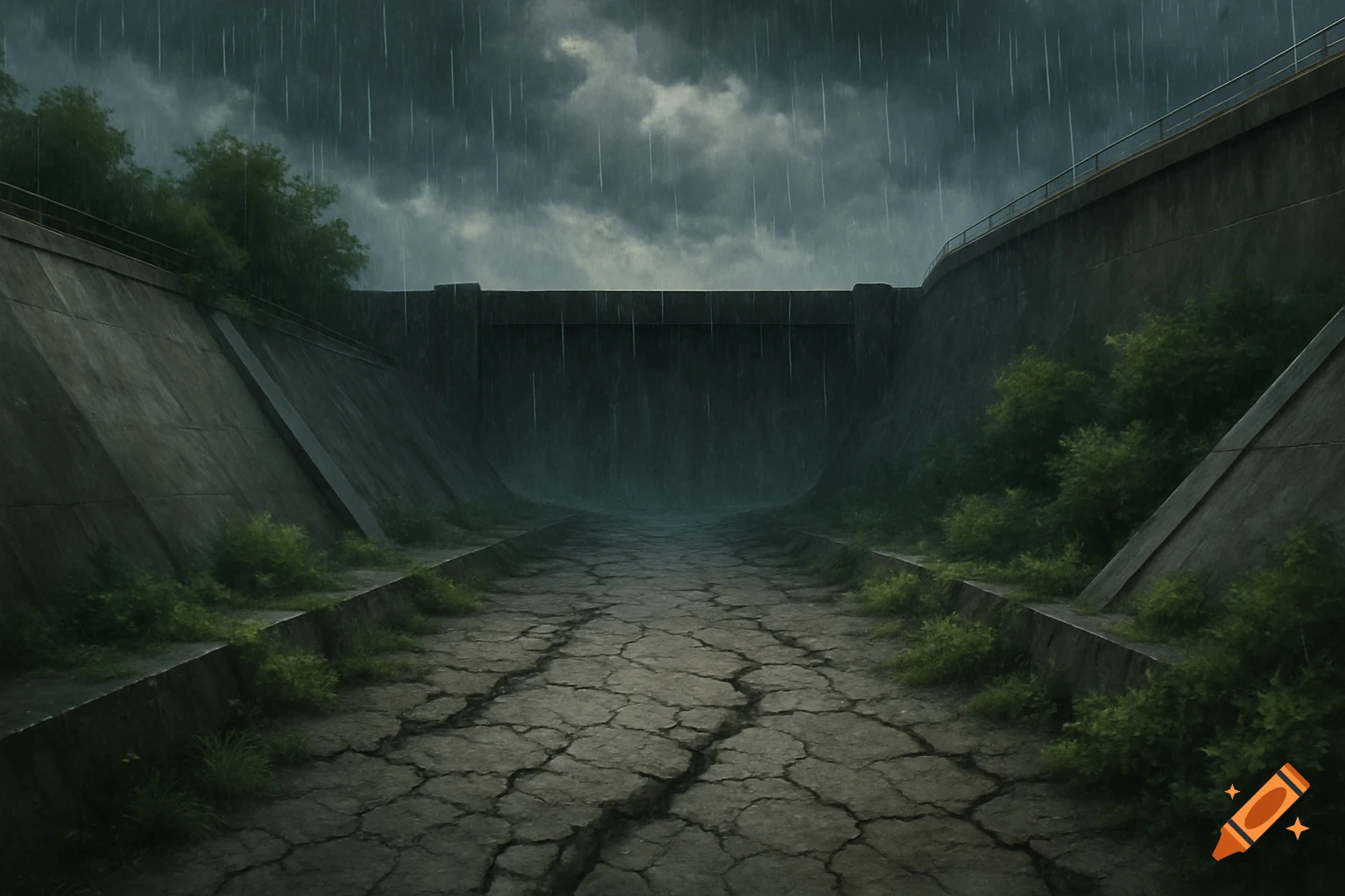 A concrete canal or dam structure with a cracked, dry bed under a dark, stormy sky with heavy rain. Green foliage grows along the walls.