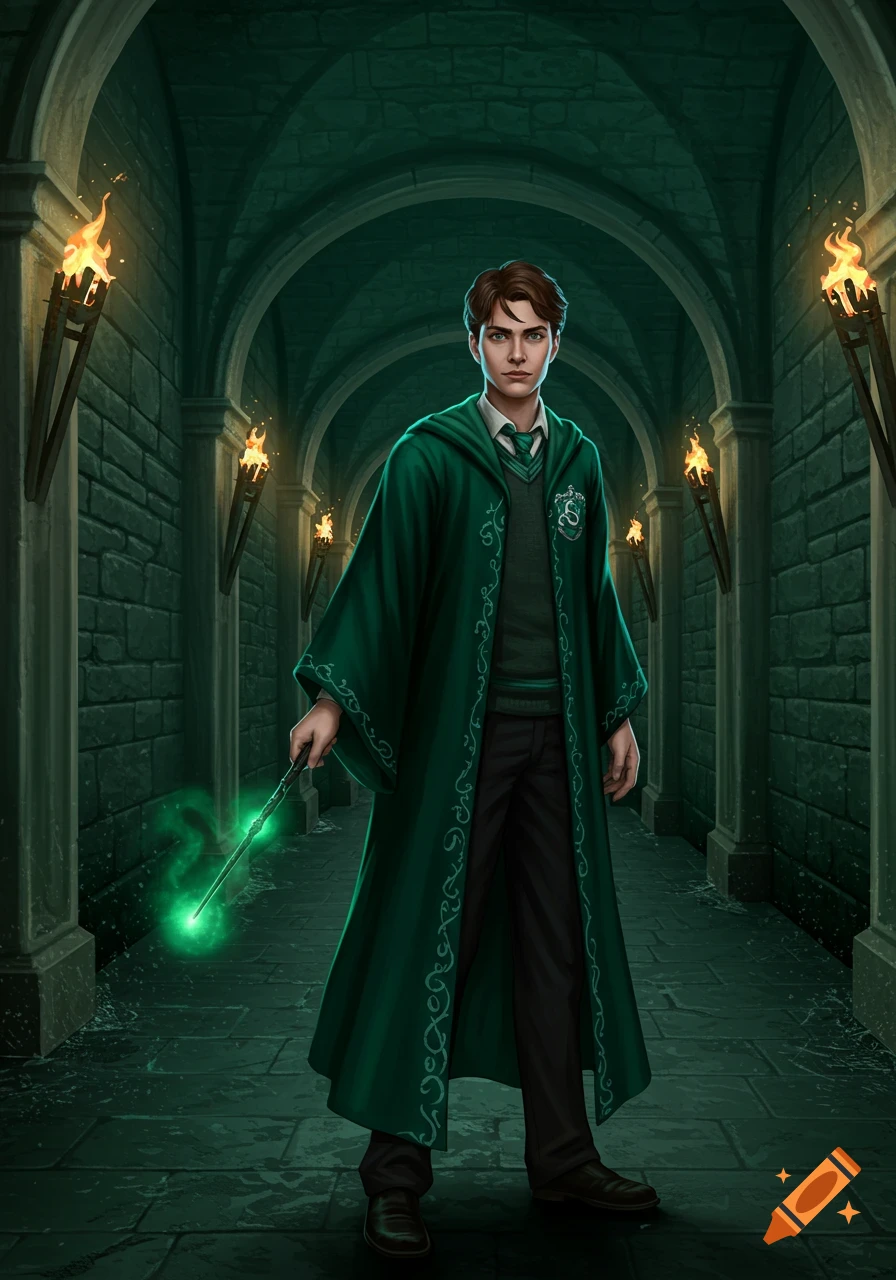A young man in green Slytherin robes stands in a torchlit stone hallway, holding a glowing green wand.