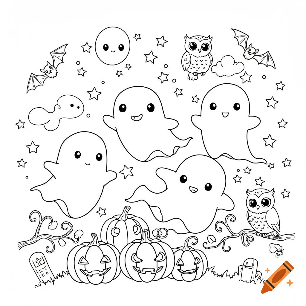 Black and white kawaii coloring page featuring five smiling ghosts, bats, owls, pumpkins, and stars.
