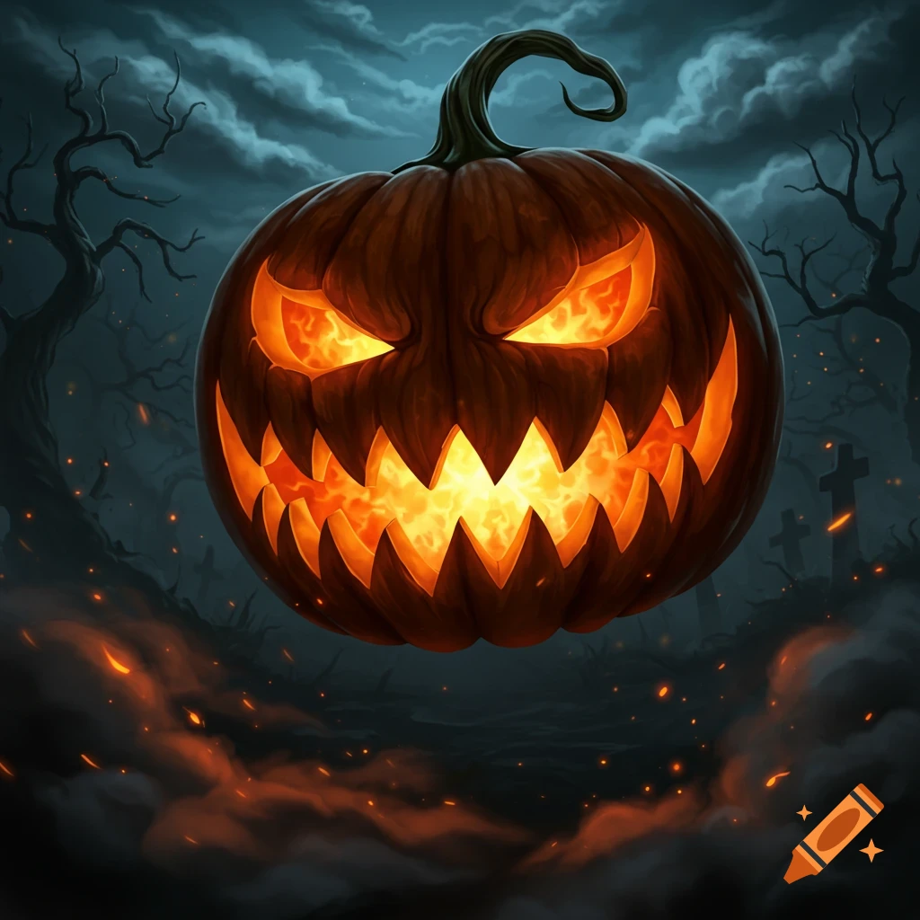 A glowing, evil jack-o'-lantern with sharp teeth and fiery eyes floats above smoky ground in a dark, eerie graveyard.