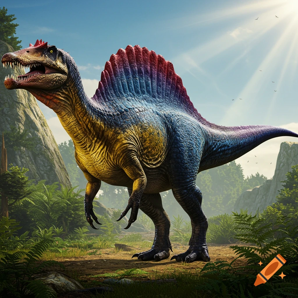A vibrant, colorful Spinosaurus with a rainbow-colored sail and skin, standing in a lush prehistoric jungle under a bright sky.