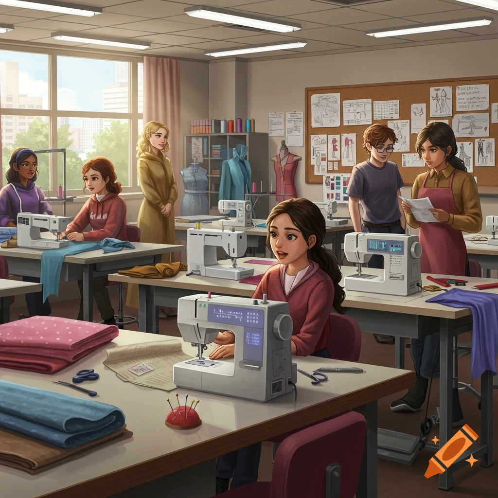 Students learning to sew in a bright textile classroom with multiple sewing machines and fabrics.