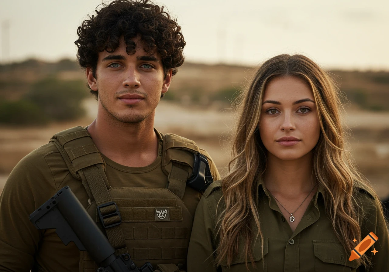 A photorealistic portrait of a young man and woman in military uniforms, standing side-by-side in a desert landscape.