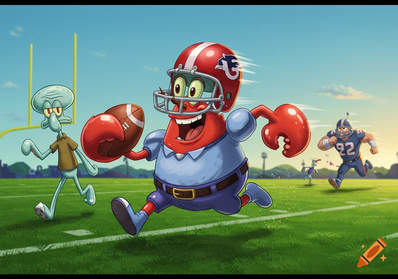 Mr. Krabs in football gear runs with a football on a field while Squidward watches and another player chases.