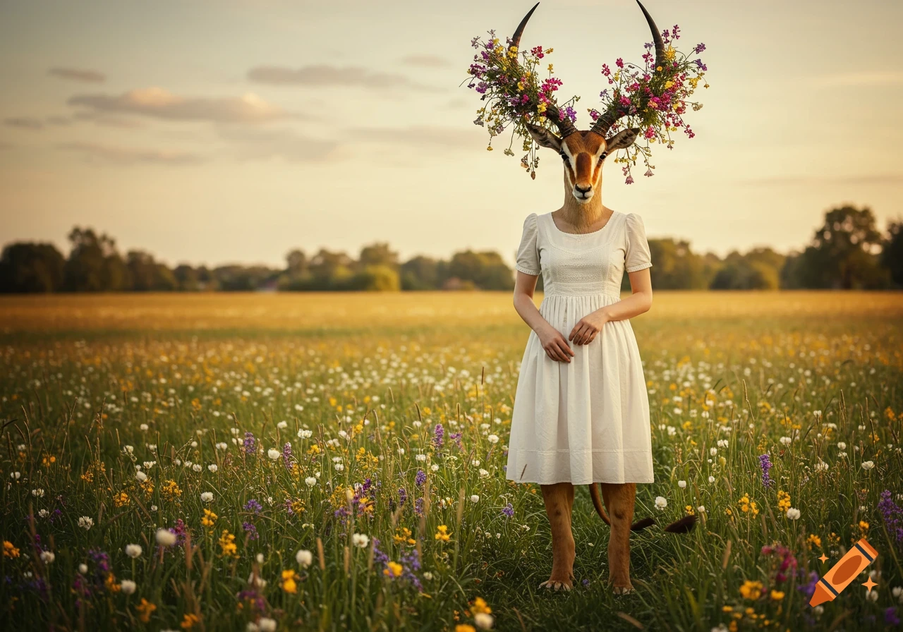 A surreal figure with an antelope head adorned with flowers and a human torso in a white dress stands in a vibrant wildflower field.
