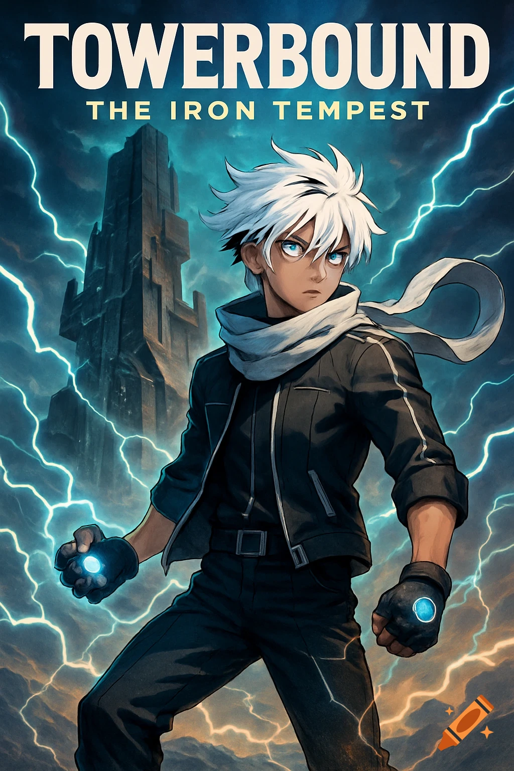 Anime-style poster of a young man with white hair, glowing eyes, and a scarf, surrounded by lightning in front of a dark tower. Title: Towerbound.