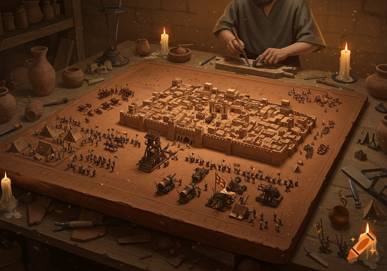 A person works on a large clay tablet depicting a miniature walled city under siege by an army with war machines and tents, illuminated by candlelight.