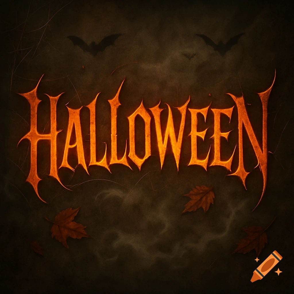 The word HALLOWEEN in glowing orange, gothic-style text, against a dark, textured background with silhouetted bats and autumn leaves.