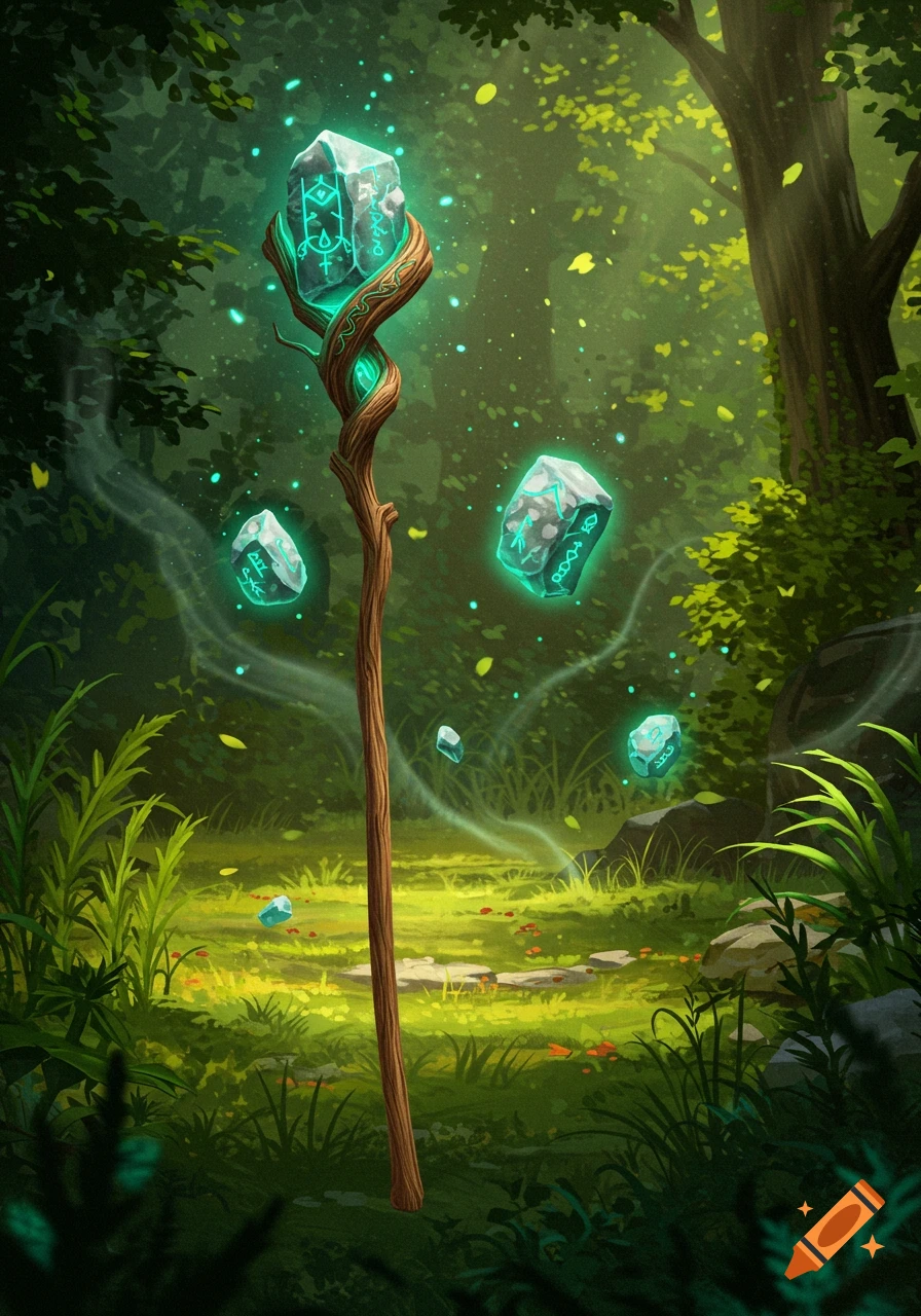 A glowing magical staff with an emerald crystal wrapped in vines, surrounded by floating emerald runes in a lush, green forest.