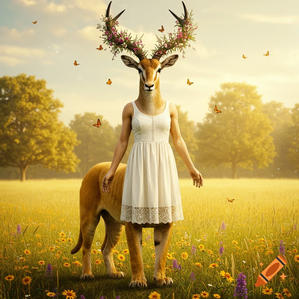 A surreal creature with an antelope head adorned with flowers, human arms, and lion legs, in a white dress in a sunny meadow with butterflies.