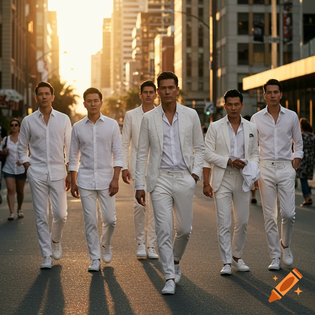 Six men in white shirts and pants walk confidently down a city street at sunset.