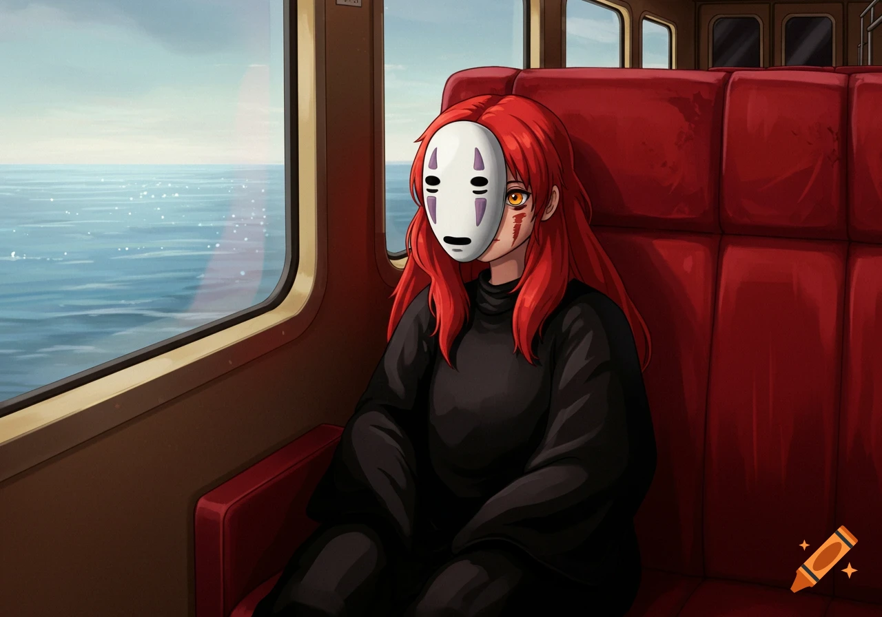 An anime character, with red hair and amber eyes, wearing a white No-Face mask and black robe, sits on a red train seat, looking out a window at the ocean.