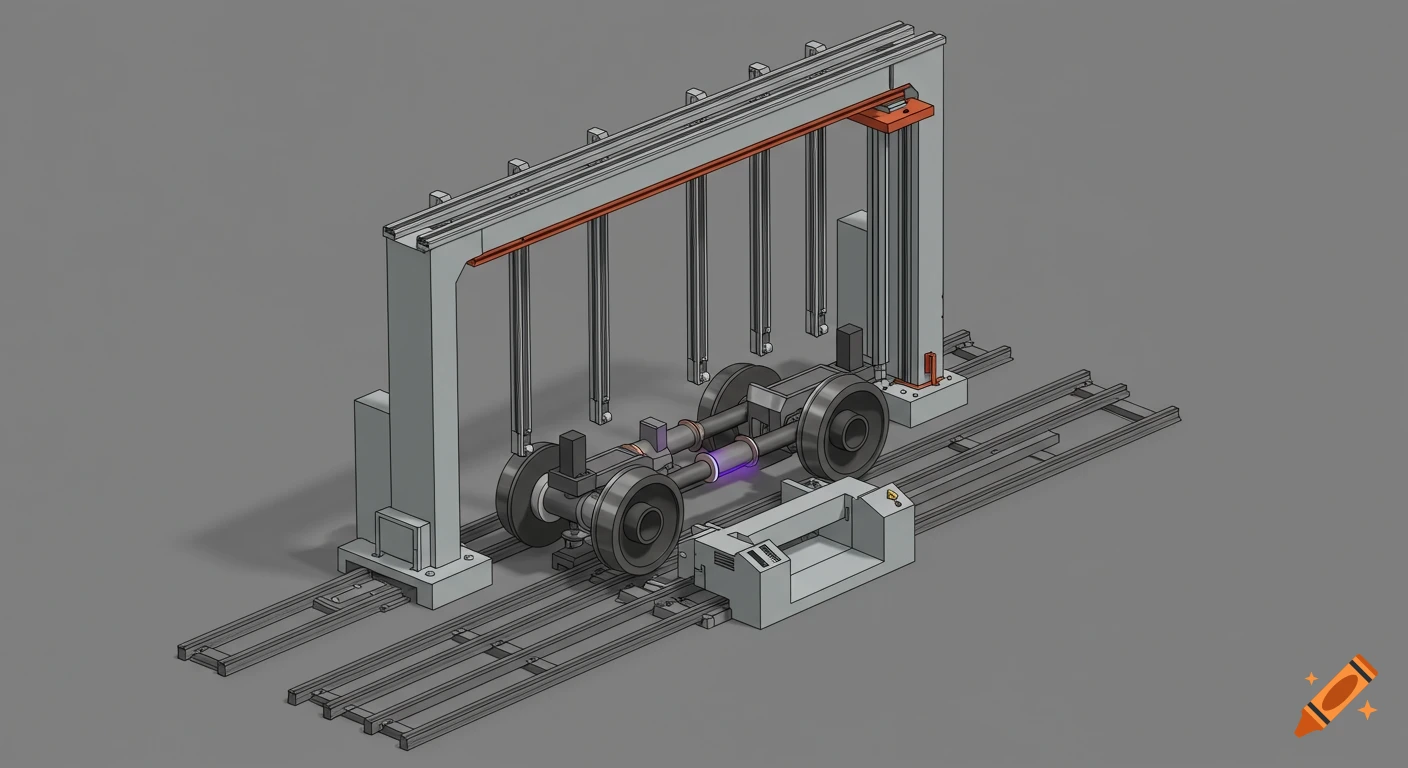 Isometric 3D render of a high-detail railway axle ultrasonic testing system with wheels on rollers and an overhead gantry.