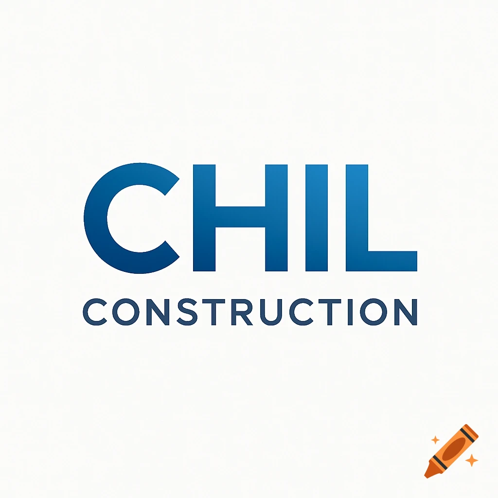 A modern, text-based logo for CHIL CONSTRUCTION, featuring 'CHIL' in large blue sans-serif font above 'CONSTRUCTION' in smaller blue sans-serif font on a white background.