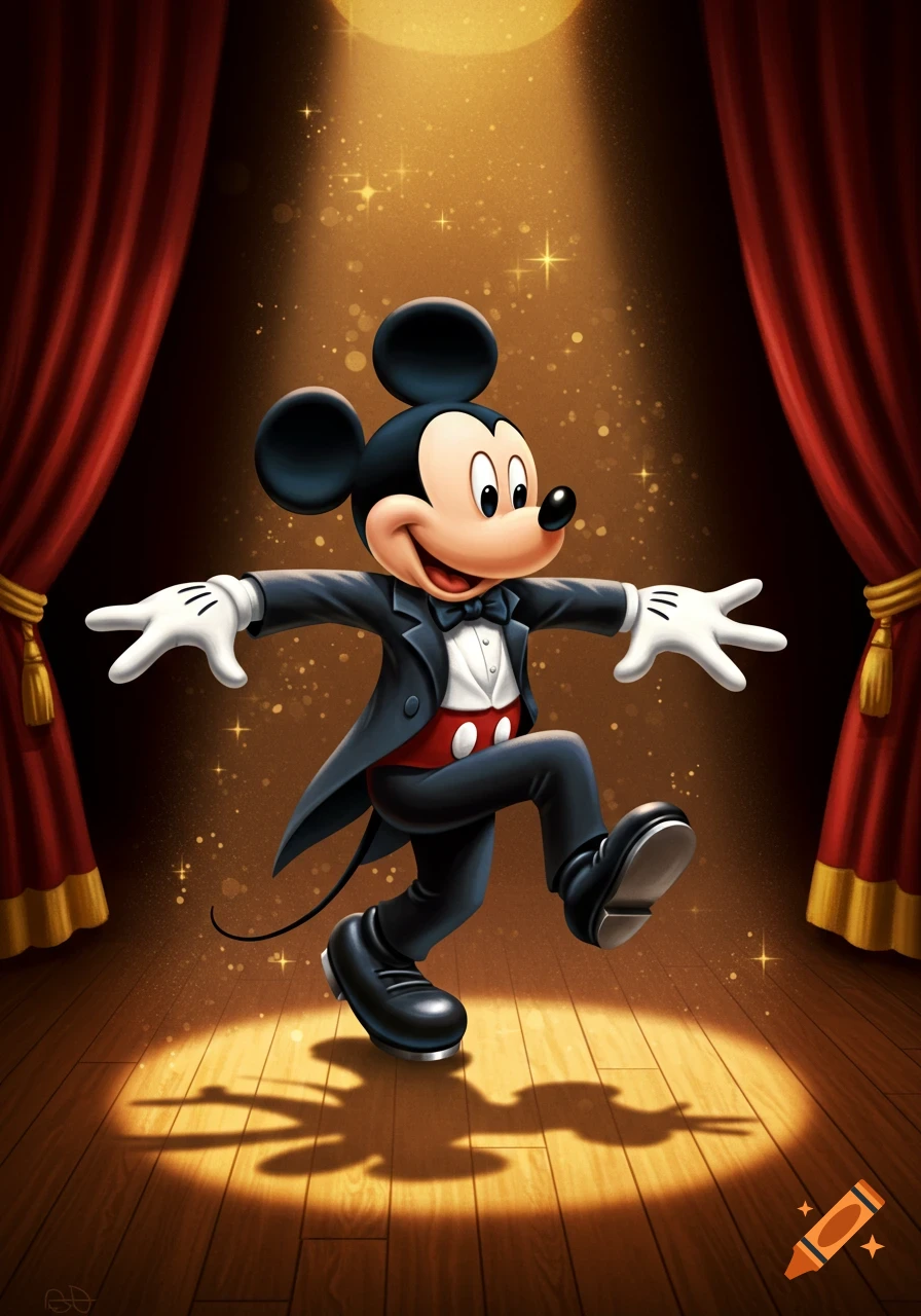 Mickey Mouse in a tuxedo tap dances on a spotlight stage with red curtains and sparkling dust.