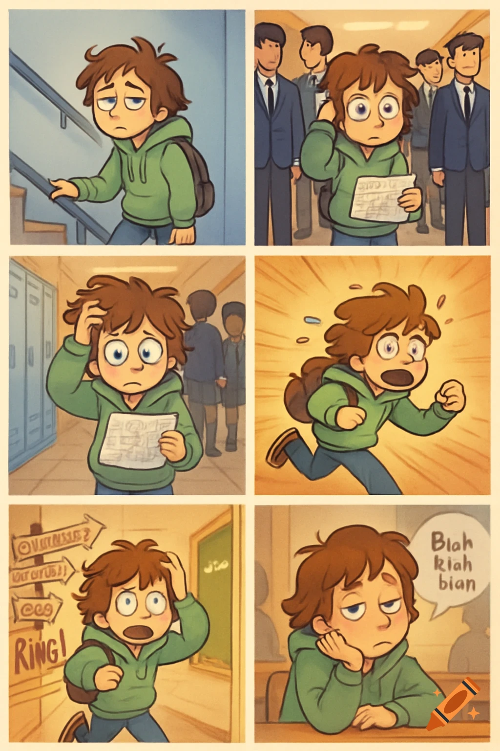 A six-panel comic depicts a tired student's chaotic school day, from walking slowly up stairs to running through hallways in a panic, and finally slumping at a desk, looking exhausted.