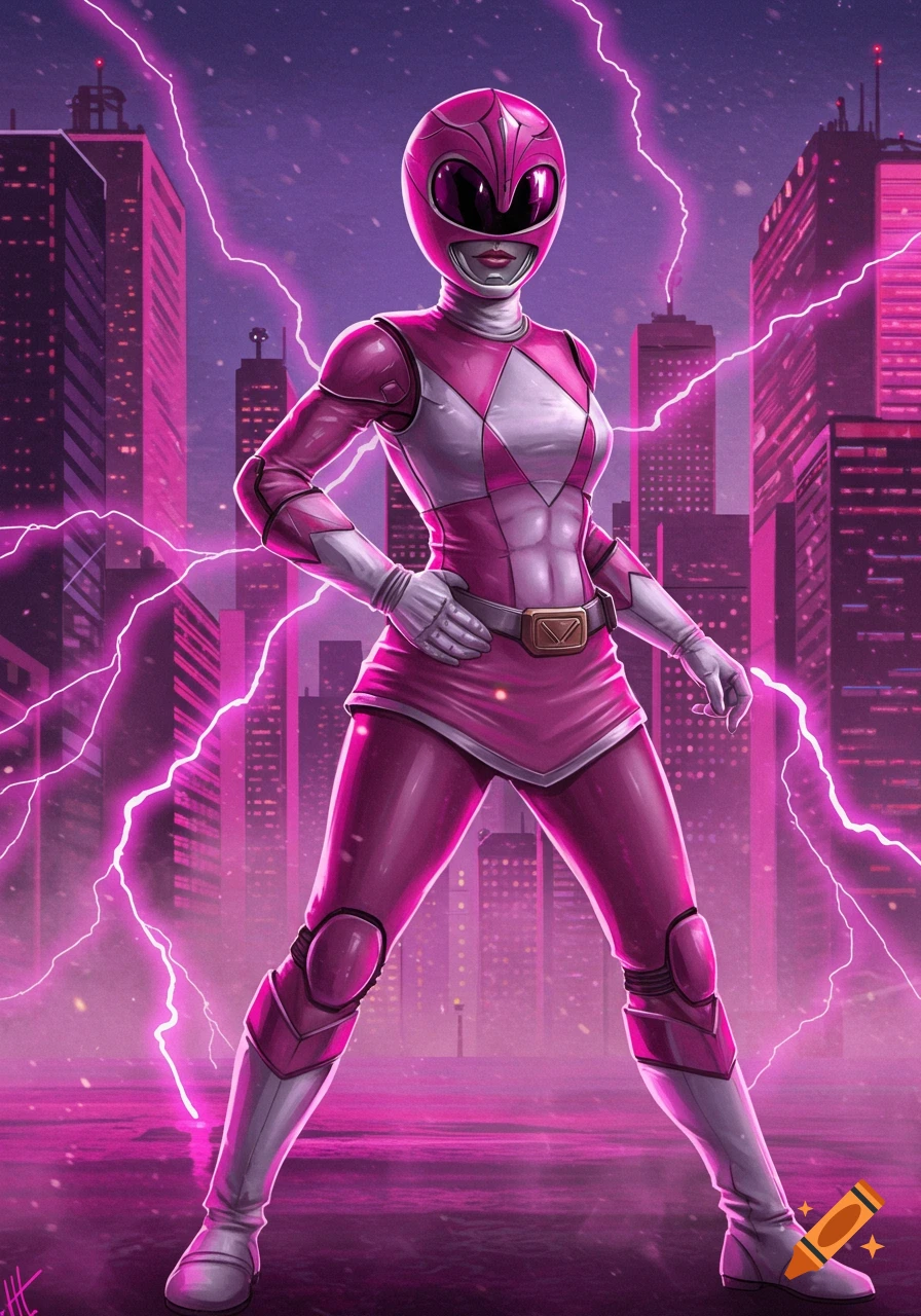 A Pink Power Ranger stands powerfully in a futuristic cityscape at night, surrounded by glowing pink lightning.