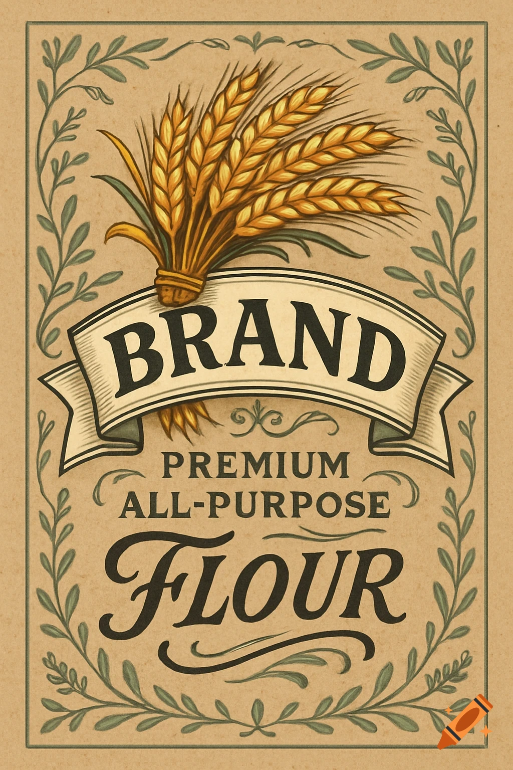 Vintage-style flour bag label with wheat stalks and decorative green leaves on a beige background, with text 'BRAND PREMIUM ALL-PURPOSE FLOUR'.