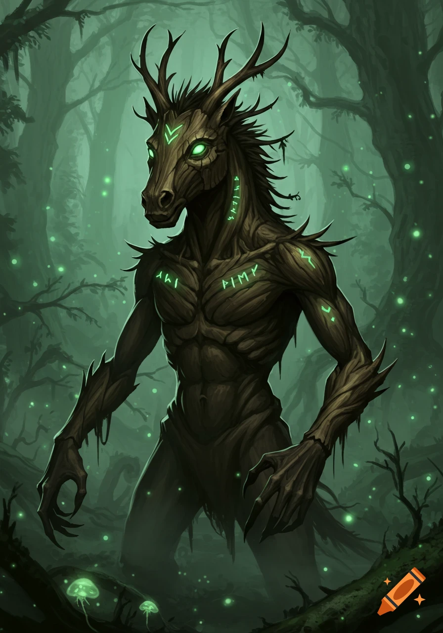 A dark, wood-skinned, humanoid creature with a horse head and deer antlers, glowing green eyes, and mystical runes on its body, stands in a misty, dark green forest with bioluminescent mushrooms.
