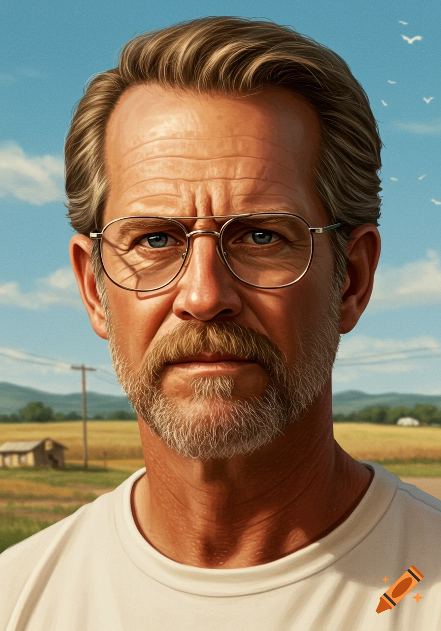Hyperrealistic portrait of a serious, middle-aged man with a beard and glasses, against a rural background with fields and a blue sky.