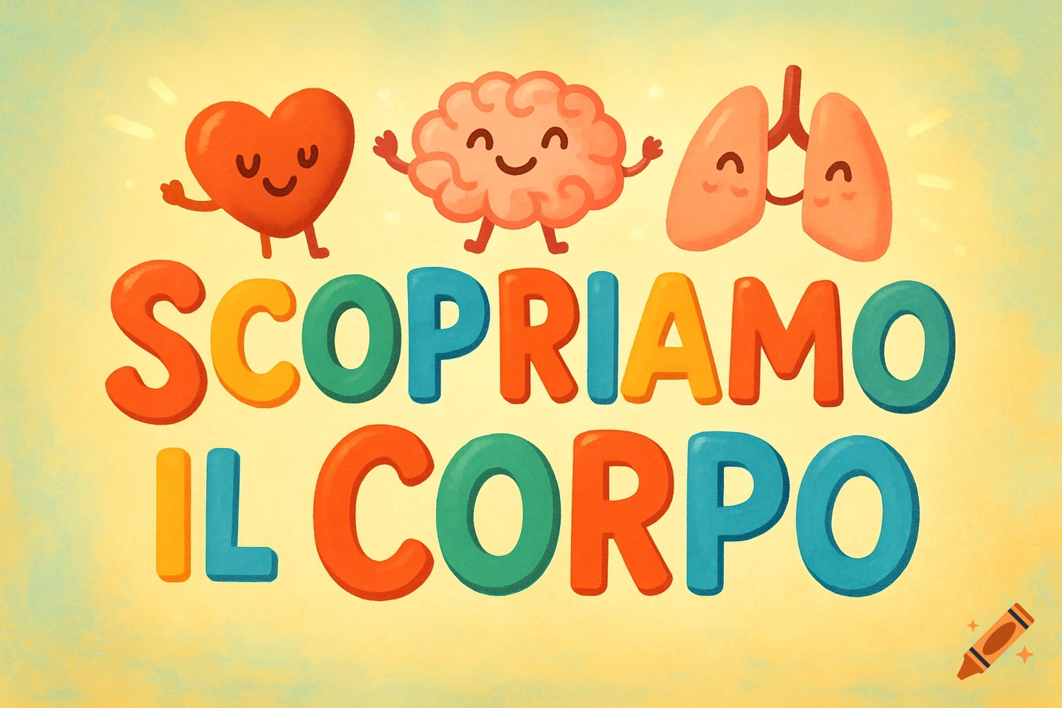 Colorful illustration of smiling cartoon heart, brain, and lungs above the text "SCOPRIAMO IL CORPO" (Let's discover the body) on a yellow background.