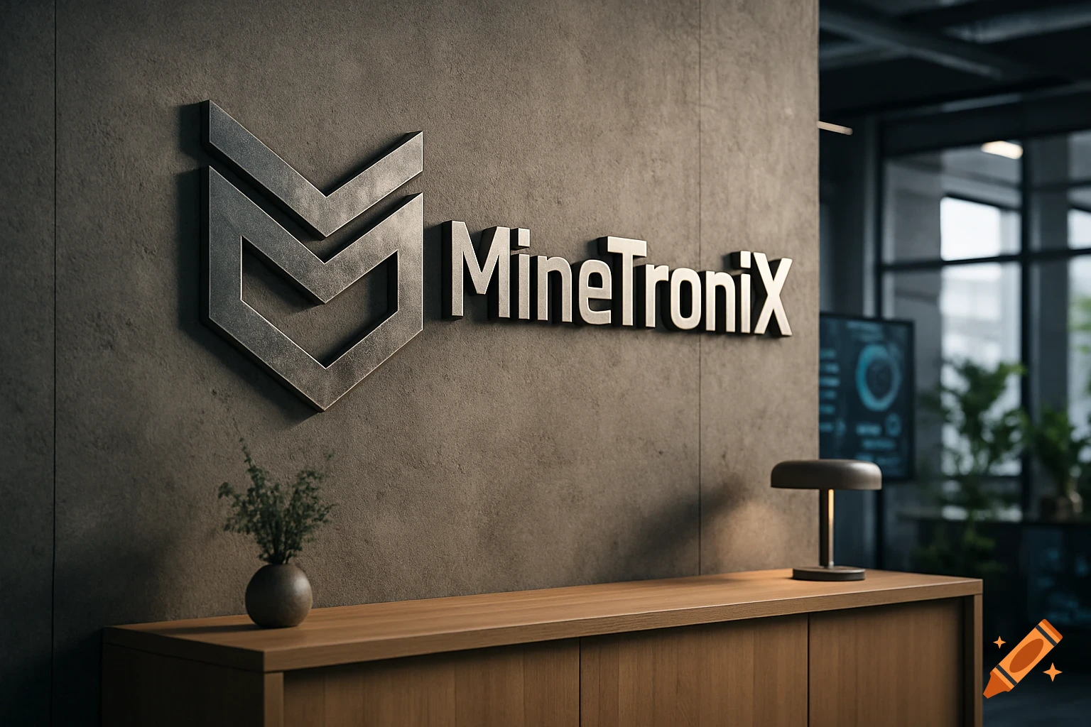 A 3D brushed metal MineTroniX logo on a textured concrete wall in a modern tech office with a wooden desk and plant.
