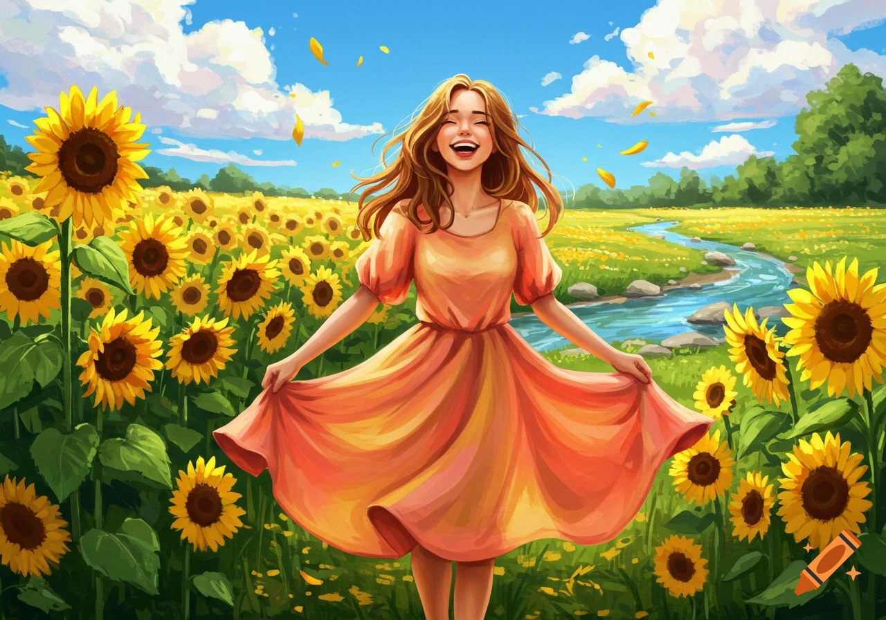 Happy woman in an orange dress stands joyfully in a vibrant sunflower field with a river and blue sky, illustration.