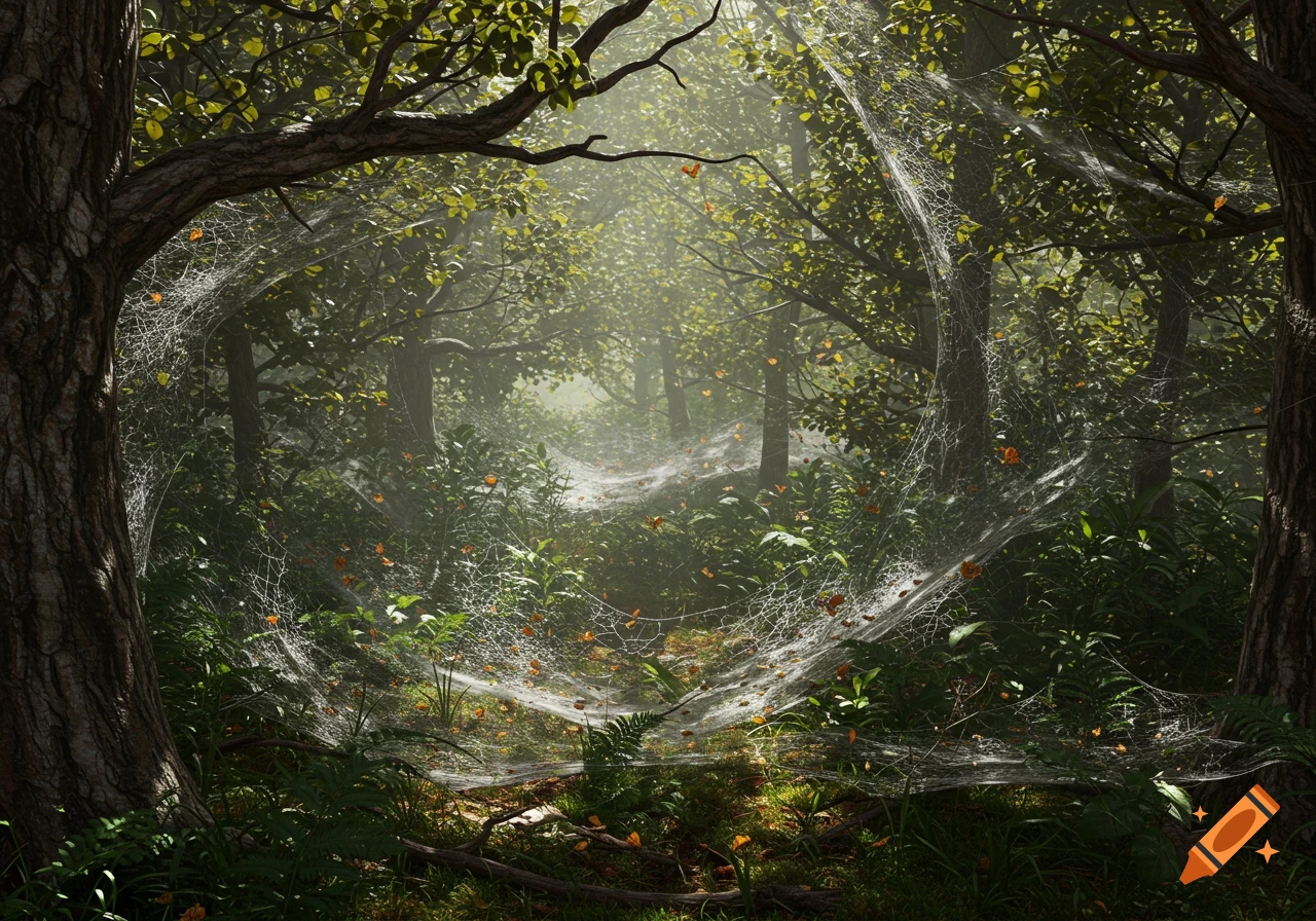 Photorealistic image of a dense forest filled with intricate, glowing spiderwebs under sunlight.