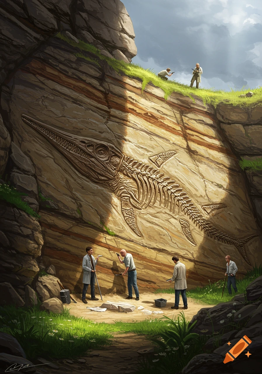 Paleontologists excavate a massive Ichthyosaur fossil embedded in a layered rock face in a detailed illustration.