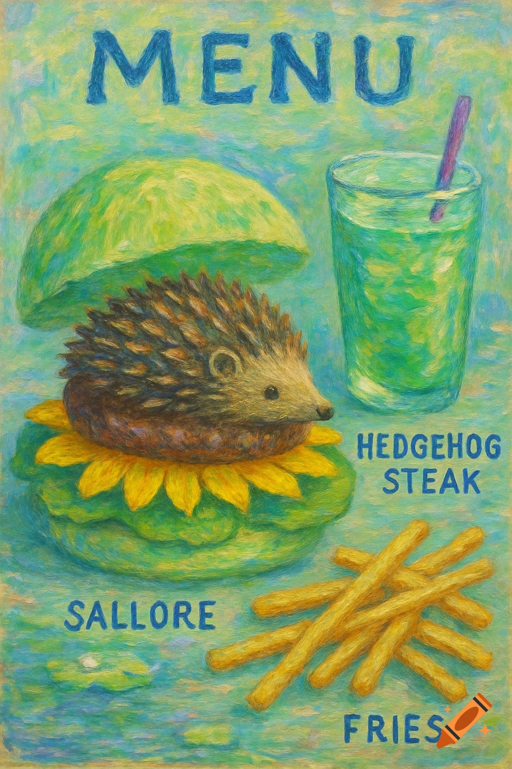 An impressionistic menu with a hedgehog burger on a water lily, a green umbrella bun, branch-like fries, a green drink, and text for "MENU", "HEDGEHOG STEAK", "SALLORE", and "FRIES".