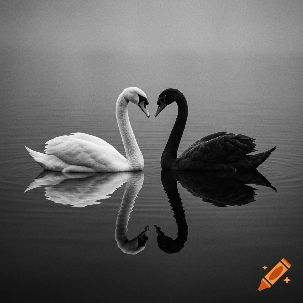 A black and a white swan face each other on a dark lake, their reflections forming a heart shape in a black and white artistic photo.