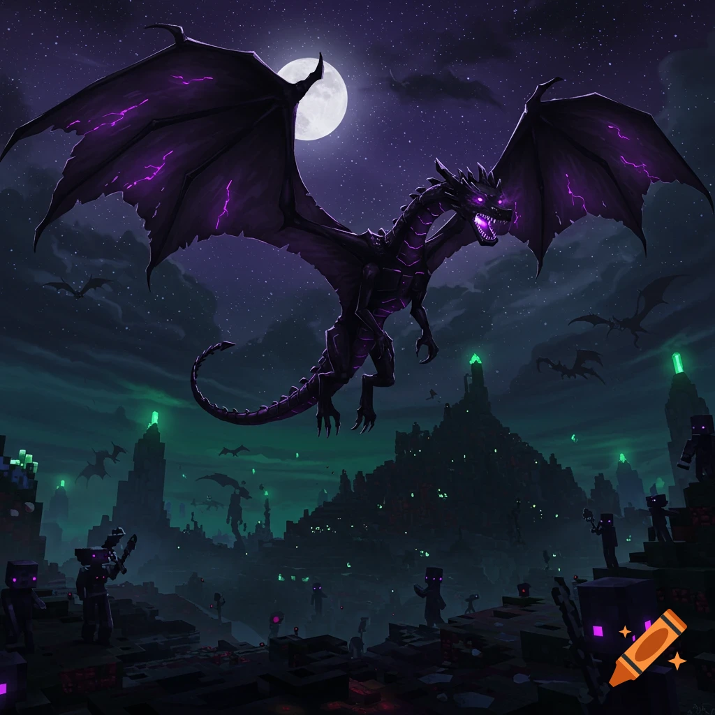A large black Ender Dragon with glowing purple details flies over a dark, blocky Minecraft 'End' landscape with Endermen under a full moon.