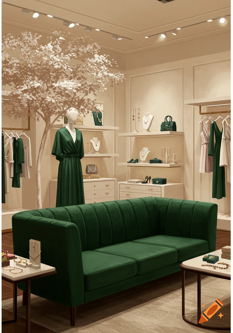 Illustrative view of a high-end boutique with a green velvet sofa, a mannequin in a green dress, and display shelves with jewelry and handbags.