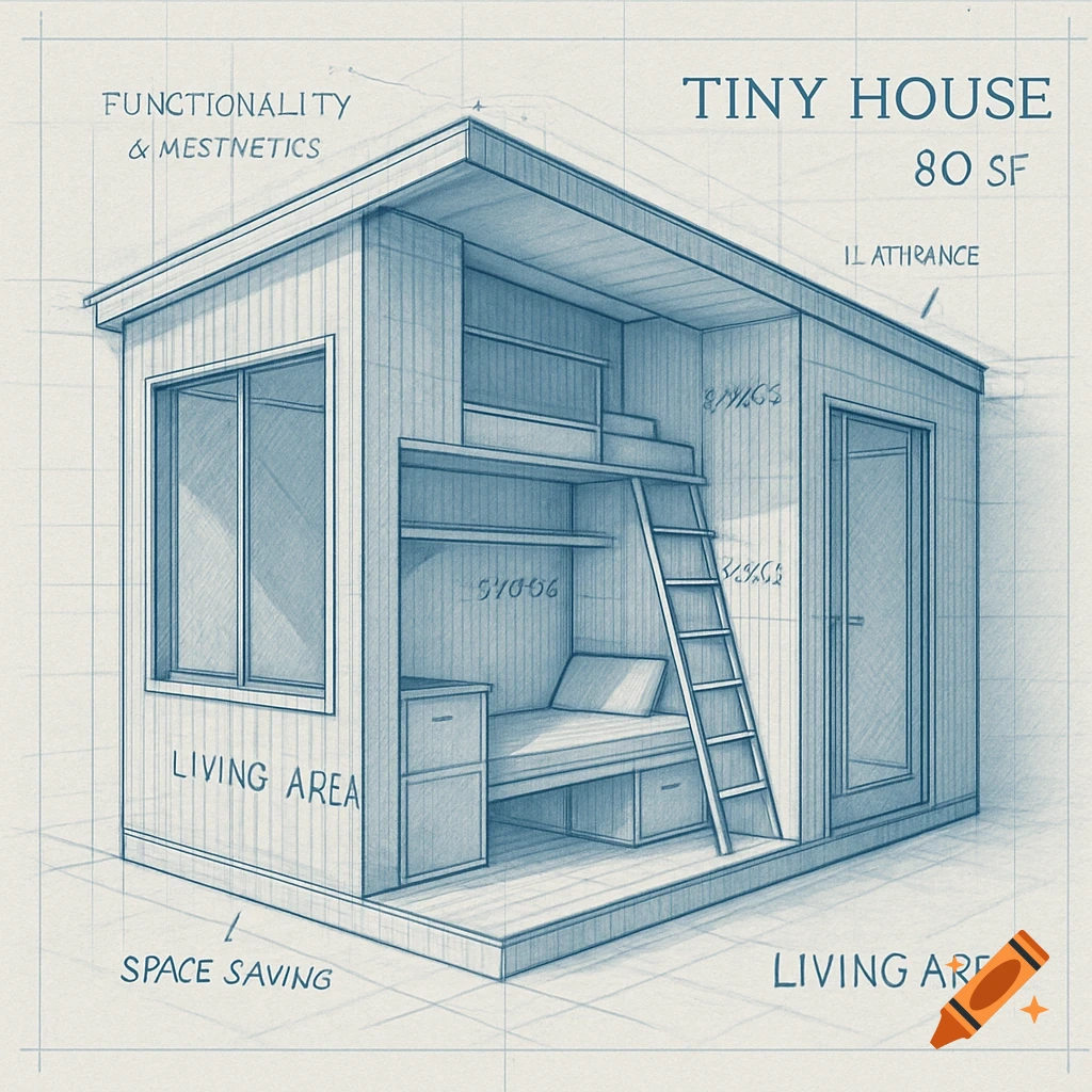 A blueprint-style illustration of a cross-section of a tiny house, showing a bunk bed, desk, and living area, with various labels.