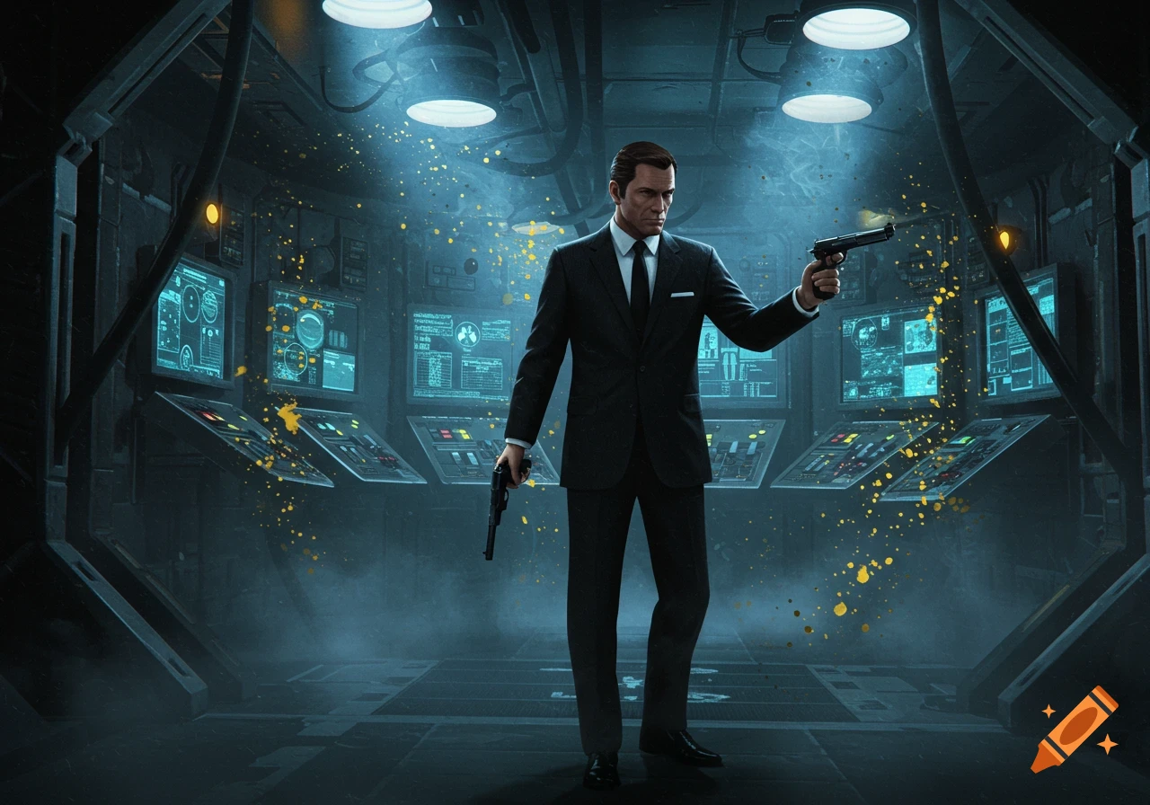 A man in a black suit holds two pistols in a futuristic control room with glowing blue screens and yellow energy effects. Stylized, dramatic lighting.