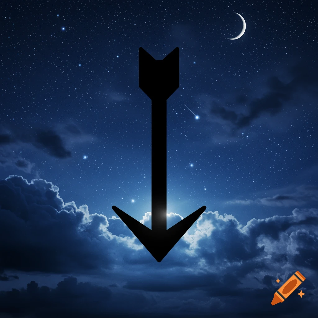 A black downward arrow silhouetted against a dark blue starry night sky with clouds and a crescent moon.