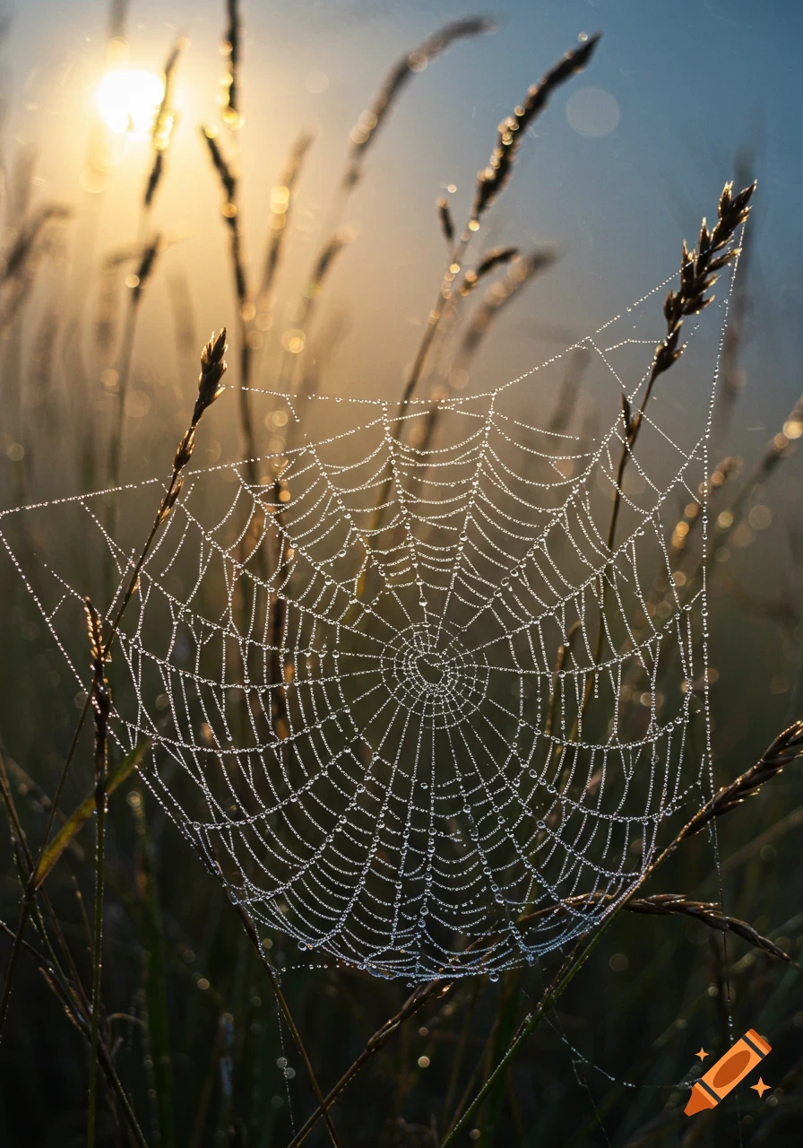 Photorealistic close-up of a spiderweb covered in dew drops, illuminated by the golden light of sunrise in a field.