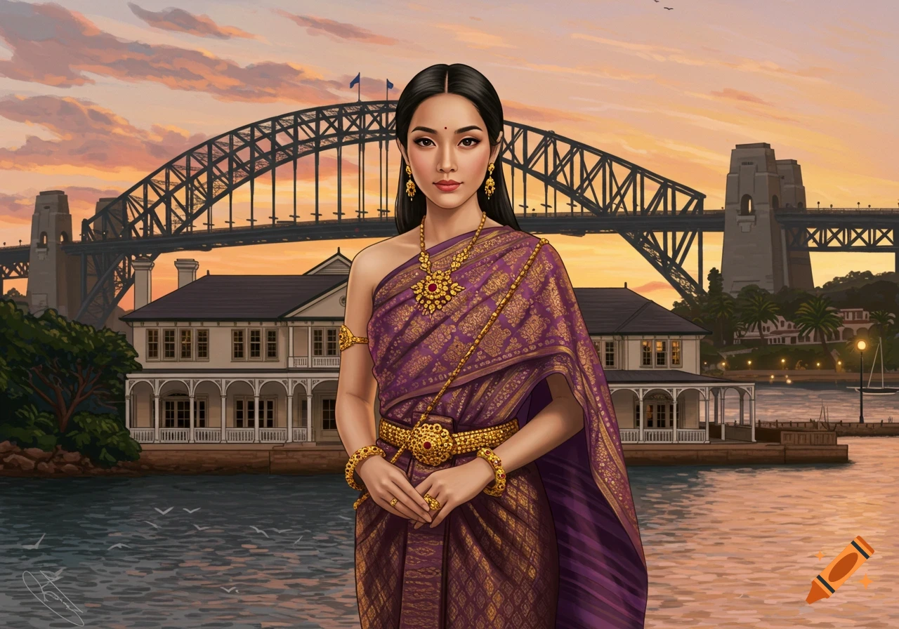 Illustration of a Thai lady in traditional purple and gold attire standing by a waterfront house with the Sydney Harbour Bridge at sunset.