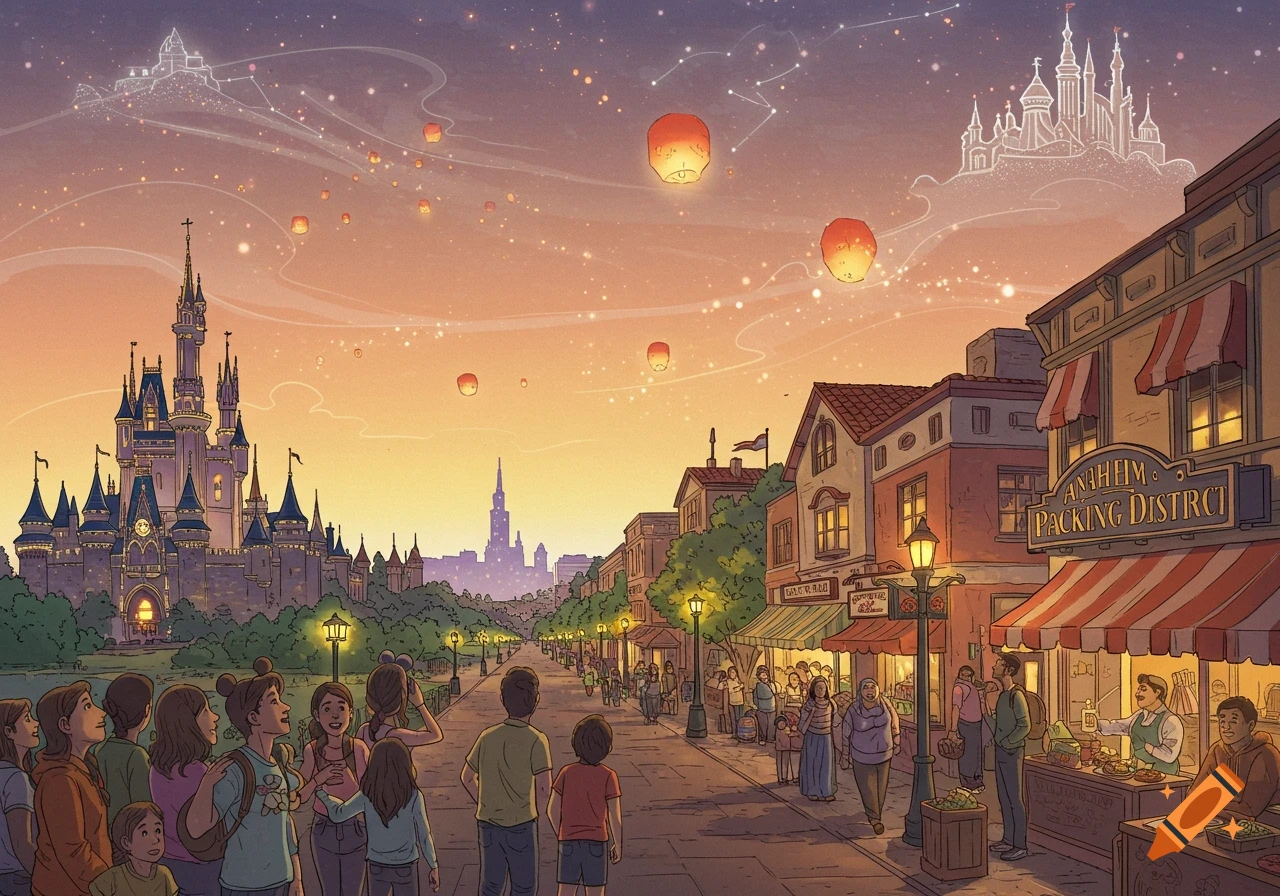 A whimsical illustration of a fantastical theme park castle blending into a historic street with shops, vendors, and crowds, under a sky filled with glowing lanterns and constellation castles.