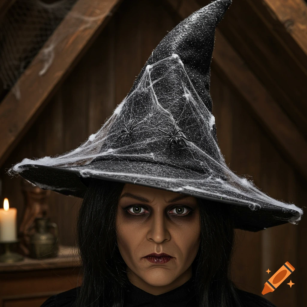 A stern-faced woman wearing a black witch hat adorned with white spiderwebs and plastic spiders, with dark makeup, for Halloween.