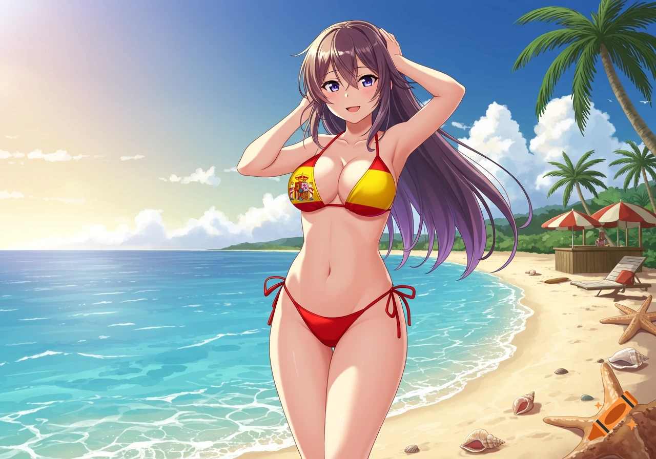 Anime woman in a Spanish flag bikini poses on a sunny tropical beach.