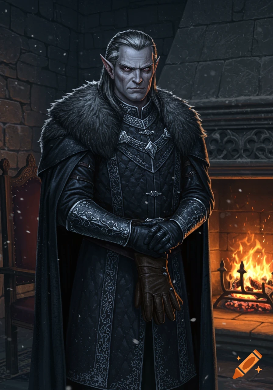A stern, silver-haired fae lord in dark fantasy attire stands by a roaring fireplace in a stone room, looking intense.